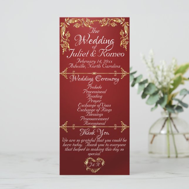 Elegant Script & Gold Leaves - Ruby Wedding Programme (Standing Front)