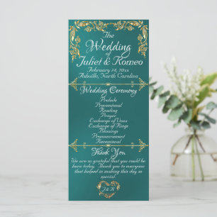 Elegant Script & Gold Leaves - Teal Wedding Programme