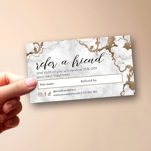 Elegant Script Gold Marble Spa Nails Beauty Salon Referral Card (Elegant gold marble Refer a Friend discount cards with fully customizable text)