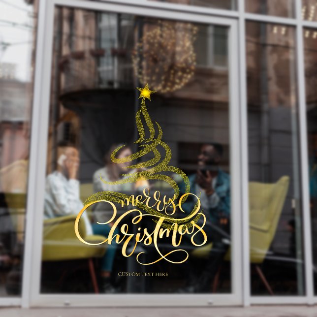 Elegant Script Gold Merry Christmas Tree Business Window Cling (Elegant Script Gold Merry Christmas Tree Business Storefront Window Cling)