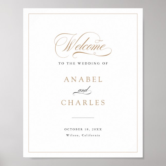 Elegant Script Gold Modern Wedding Welcome Sign (Front)