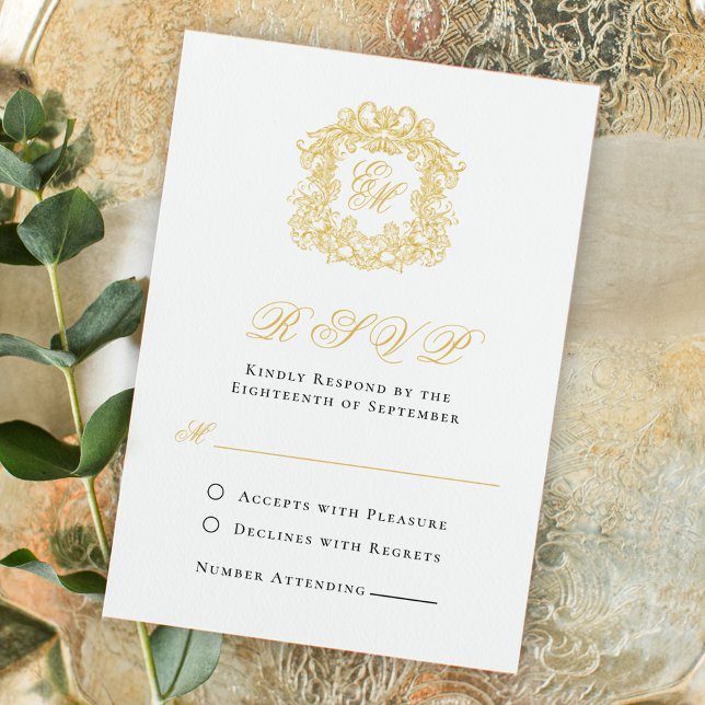 Elegant Script Gold Monogram Crest Wedding RSVP Card (Creator Uploaded)