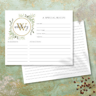 Elegant Script Gold Monogram Greenery Recipe Card