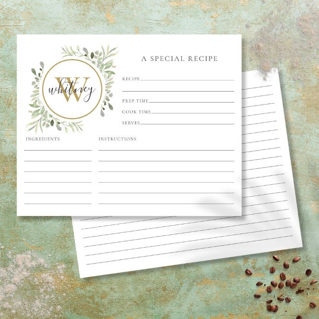 Elegant Script Gold Monogram Greenery Recipe Card (Elegant Script Gold Monogram Greenery Recipe Card)