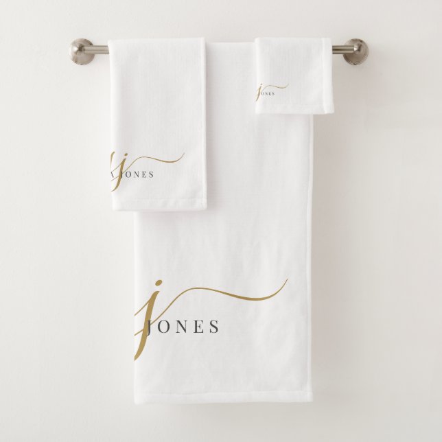 Elegant Script Gold Monogram Initials Name  Bath Towel Set (Insitu)