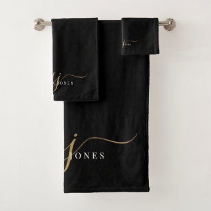 Elegant Script Gold Monogram Initials Name Black Bath Towel Set