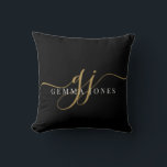 Elegant Script Gold Monogram Initials Name Black Cushion<br><div class="desc">A chic modern stylish throw pillow featuring a gold black monogram with a dramatic script initial with swashes and your full name. Simple elegance. The background has a visual textured effect. Gold on black.</div>