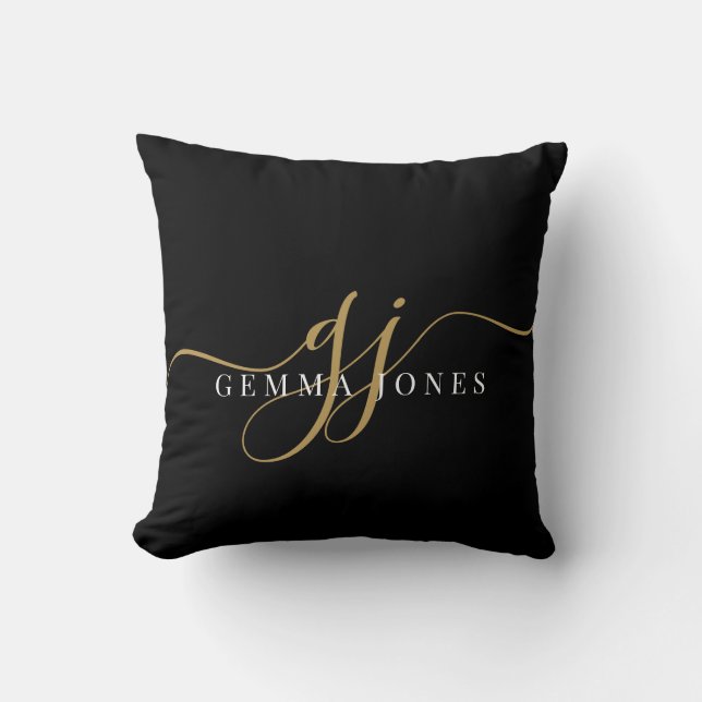 Elegant Script Gold Monogram Initials Name Black Cushion (Front)