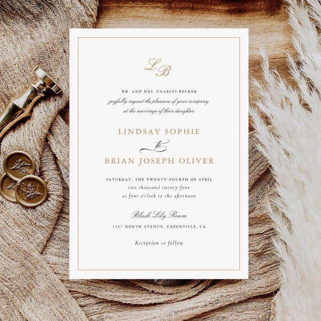 Elegant Script Gold Monogram Modern Wedding Invitation (Creator Uploaded)