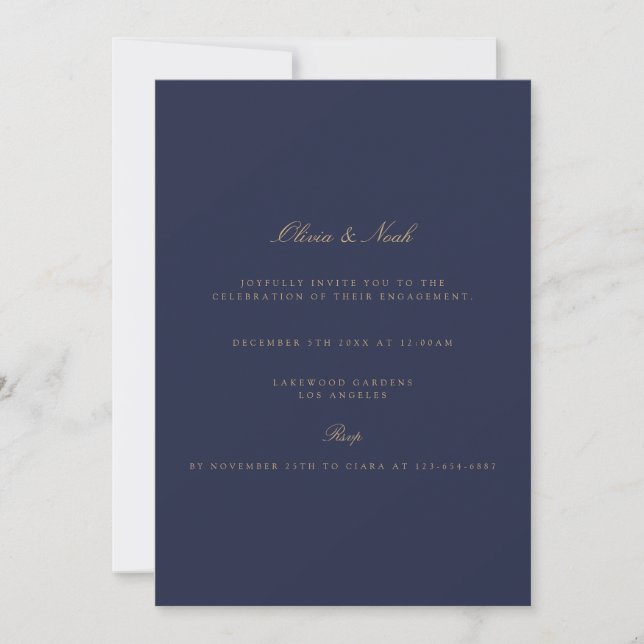 Elegant Script Gold & Navy Engagement Invitation (Front)
