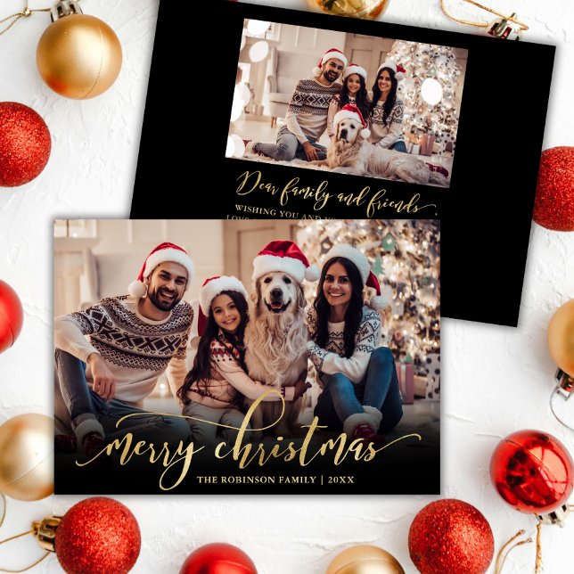 Elegant Script Gold Script Black 2 Photo Christmas Holiday Card (Creator Uploaded)