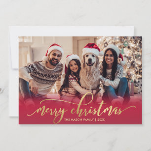 Elegant Script Gold Script Red 2 Photo Christmas Holiday Card