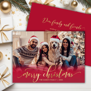 Elegant Script Gold Script Red One Photo Christmas Holiday Card