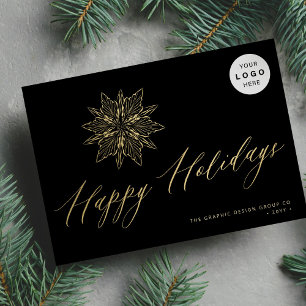 Elegant script gold snowflake LOGO business Holiday Card