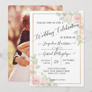 Elegant Script Gold Watercolor Pink Floral Wedding Invitation