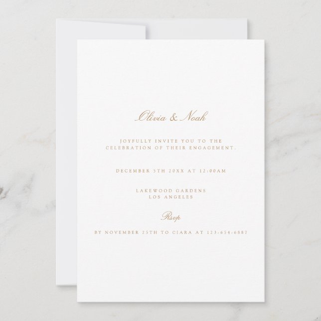 Elegant Script Gold & White Engagement Invitation (Front)