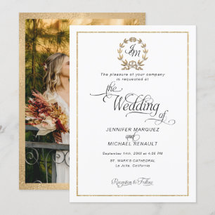 Elegant Script Gold Wreath Monogram Photo Wedding Invitation