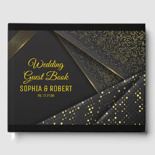 Elegant Script Golden Floral Luxury Black Wedding Guest Book