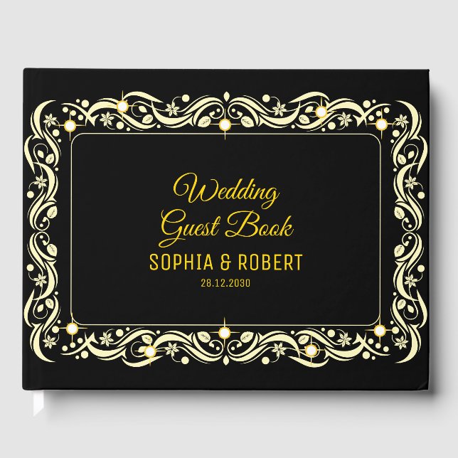 Elegant Script Golden Luxury Floral Black Wedding Guest Book (Front)
