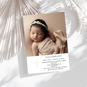 Elegant Script Golden Overlay Cross Photo Baptism  Invitation