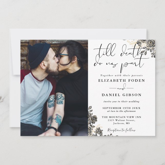 Elegant Script Gothic Roses Floral Photo Wedding Invitation (Front)