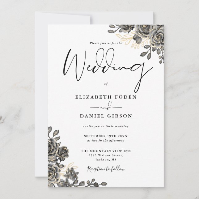 Elegant Script Gothic Roses Floral Wedding Invitation (Front)