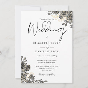 Elegant Script Gothic Roses Floral Wedding Invitation