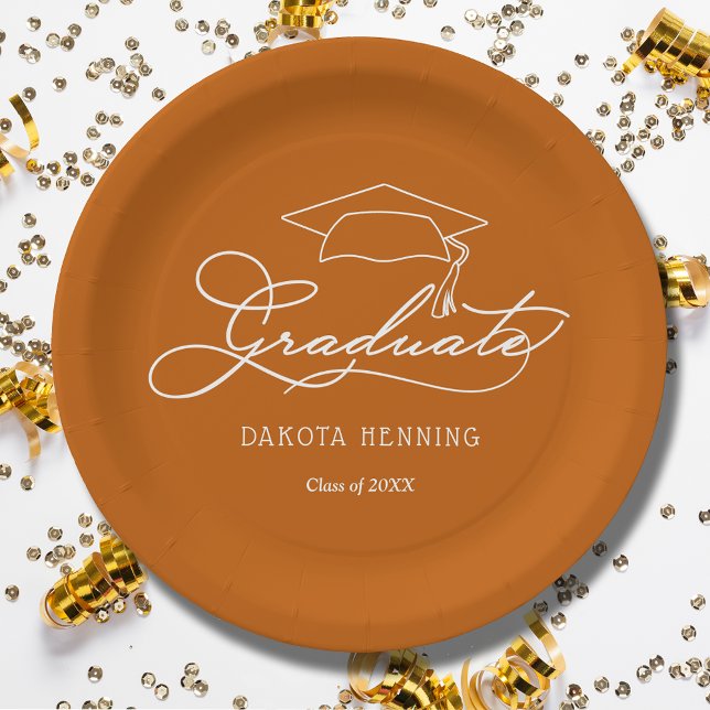 Elegant Script Grad Cap Burnt Orange Graduation Paper Plate (White script grad cap on burnt orange personalized graduation paper plates, napkins in our store)