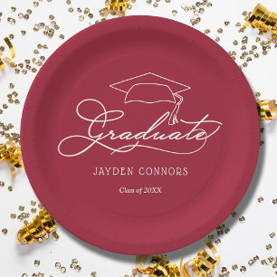 Elegant Script Grad Cap Crimson Red Graduation Paper Plate