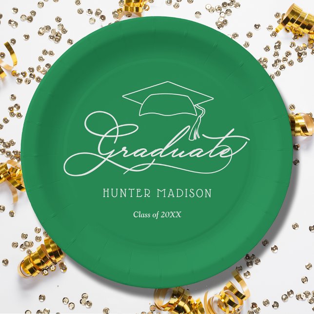 Elegant Script Grad Cap Green Graduation Paper Plate (White script grad cap on green personalized graduation party paper plates, napkins in our store)