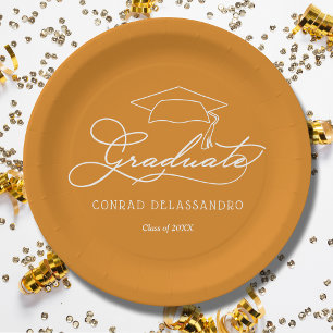 Elegant Script Grad Cap Light Orange Graduation Paper Plate