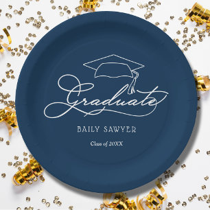 Elegant Script Grad Cap Navy Blue Graduation Paper Plate