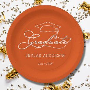 Elegant Script Grad Cap Orange Graduation Paper Plate