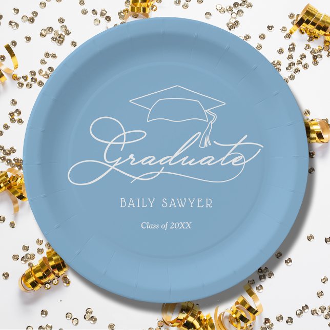 Elegant Script Grad Cap Powder Blue Graduation Paper Plate (White script grad cap on powder blue personalized graduation paper plates, napkins in our store)