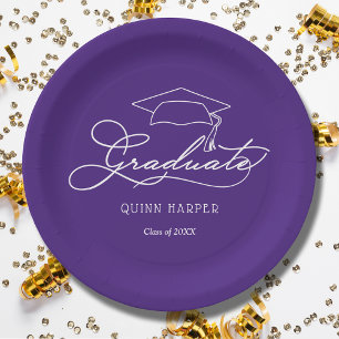 Elegant Script Grad Cap Purple Graduation Plates