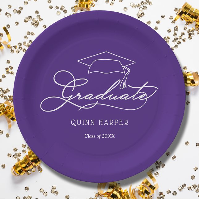 Elegant Script Grad Cap Purple Graduation Plates (White script grad cap on purple personalized graduation party paper plates, napkins in our store)