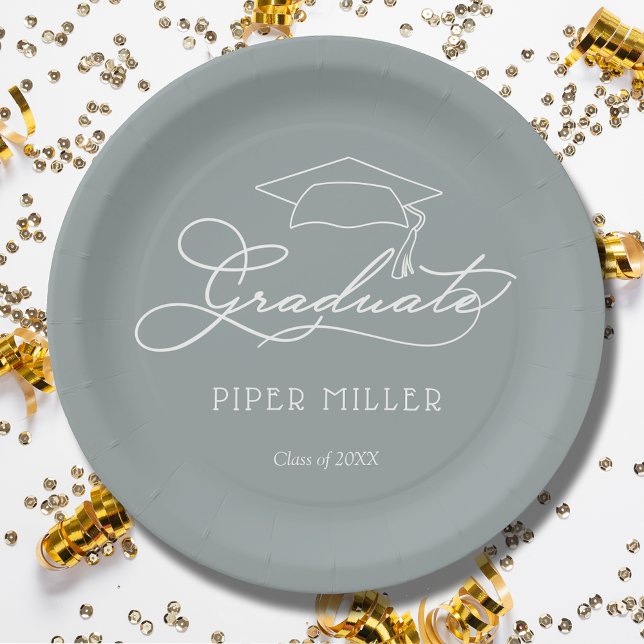 Elegant Script Grad Cap Silver Grey Graduation Paper Plate (White script grad cap on silver personalized graduation party paper plates, napkins in our store)