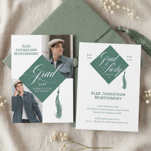 Elegant Script Grad Cap Tassel Graduation Photo Invitation