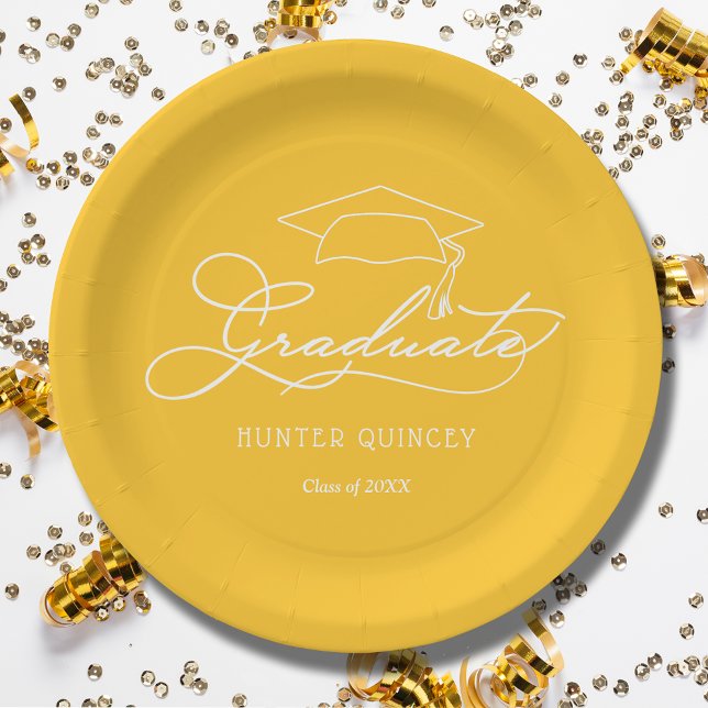 Elegant Script Grad Cap Yellow Gold Graduation Paper Plate (White script grad cap on yellow personalized graduation party paper plates, napkins in our store)