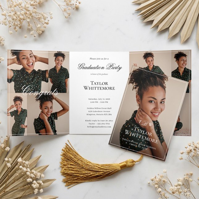 Elegant Script Grad Photo Collage Graduation Party Tri-Fold Invitation (Elegant Script Grad Photo Collage Graduation Party Tri-Fold Invitation)