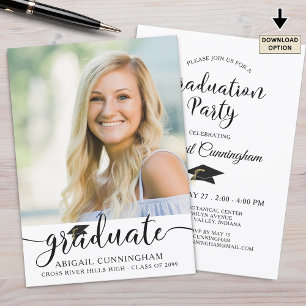 Elegant Script Graduate Cap Photo Black White Invitation