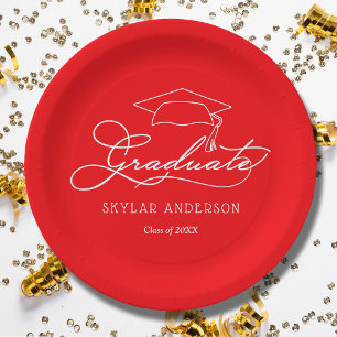 Elegant Script Graduate Hat Red Graduation Plates