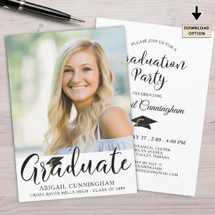 Elegant Script Graduate One Photo Black White Invitation