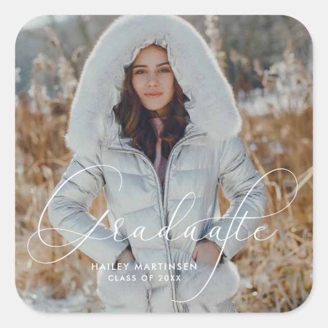 Elegant Script Graduate Photo and Name Square Sticker (Front)