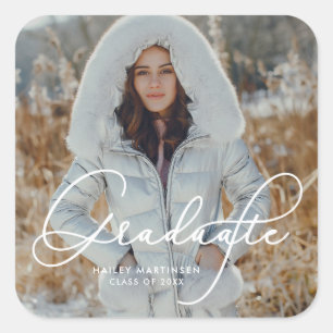 Elegant Script Graduate Photo and Name Square Sticker