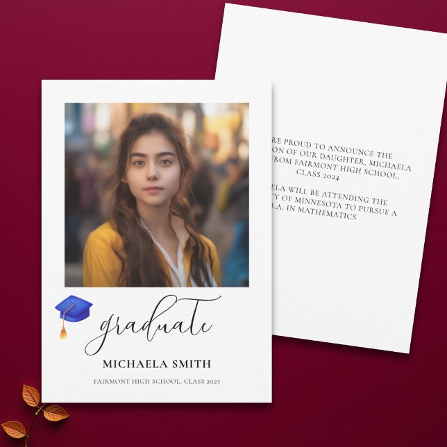 Elegant Script Graduate Photo Blue Graduation Cap Announcement (Creator Uploaded)
