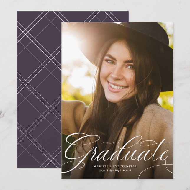 Elegant script graduate plum vertical graduation announcement (Front/Back)
