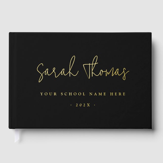 Elegant script graduation name school black guest book (Front)