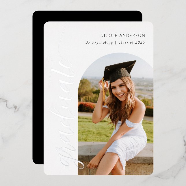 Elegant Script Graduation Party Arch Photo Silver (Front/Back)