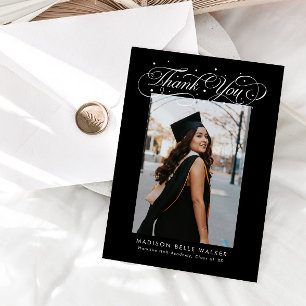 Elegant Script Graduation Photo Black Thank You Card